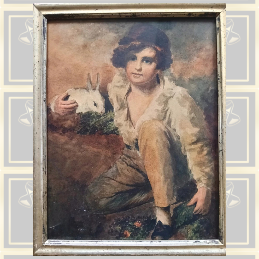 Antique Watercolor Painting Boy with Rabbit