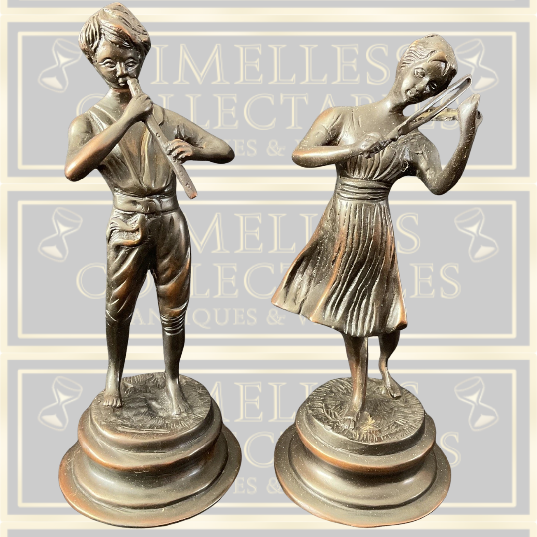 Vintage Pair Bronze Figures Boy With Flute / Girl With Violin