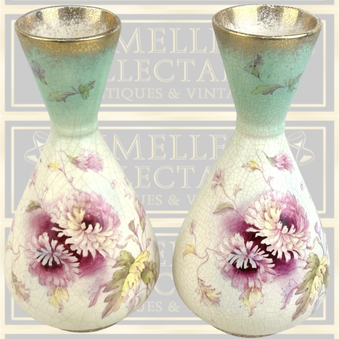 Antique Pair Hand Painted Floral Bud Vases