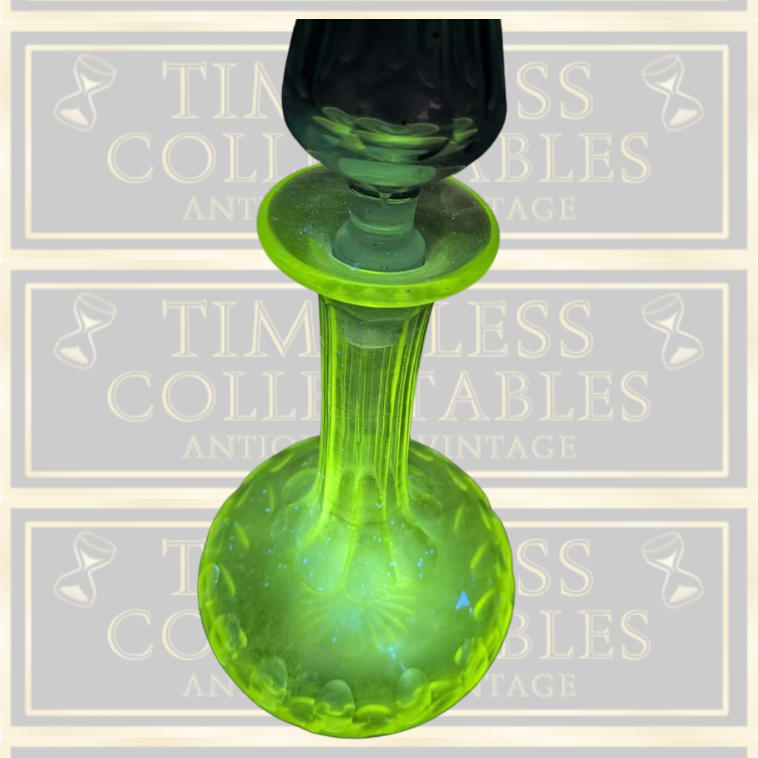 Large Vintage Art Deco Manganese Green Glow Clear Glass Decanter
