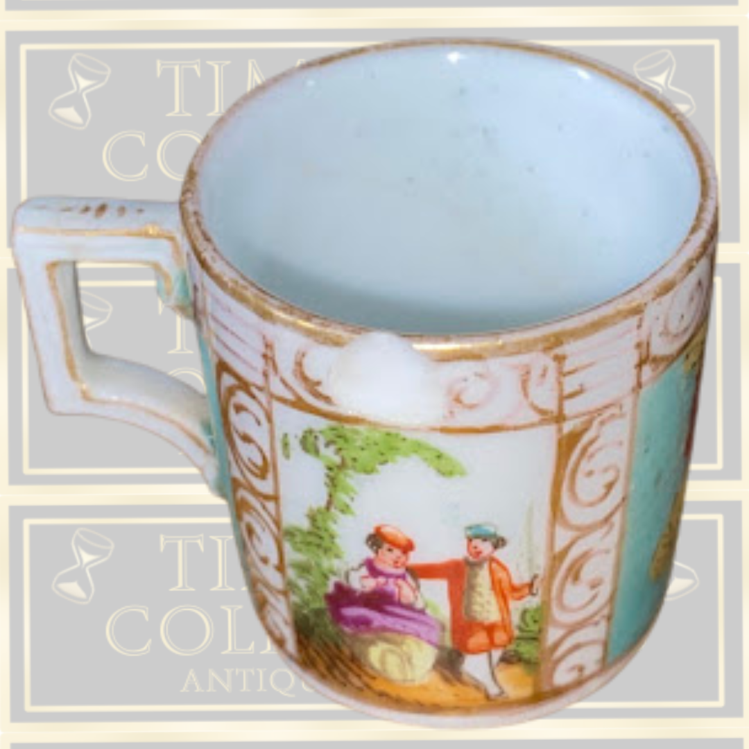 Antique Dresden Helena Wolfsohn Demitasse Cup – Watteau Courting Scene (c. 1875)