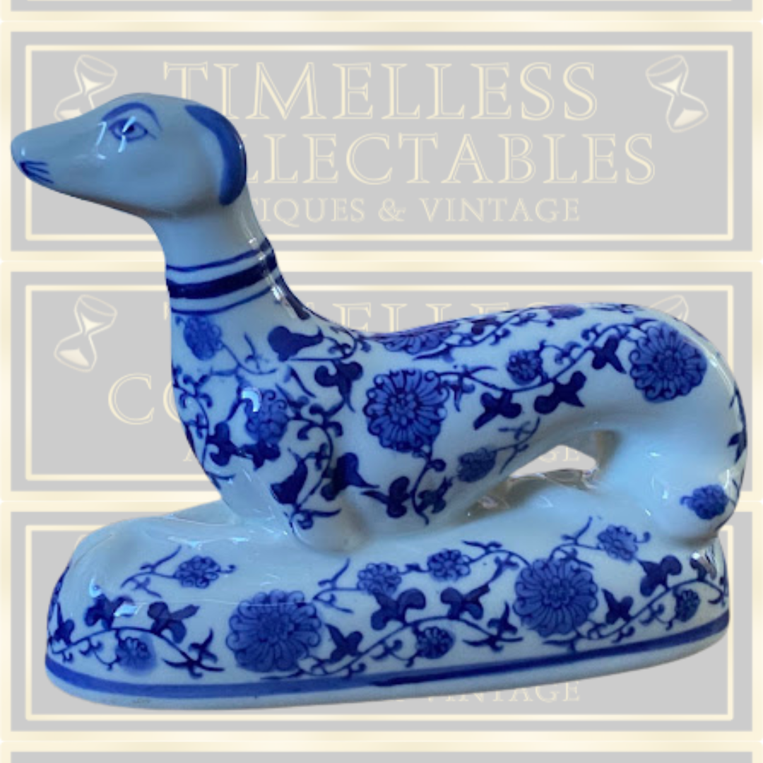 Vintage Pair Chinoiserie Porcelain Greyhound Delfts Style Dogs