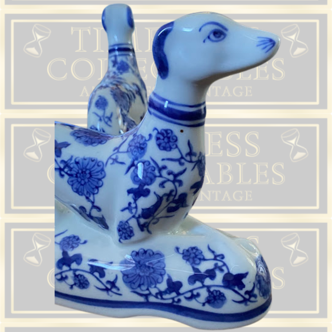 Vintage Pair Chinoiserie Porcelain Greyhound Delfts Style Dogs