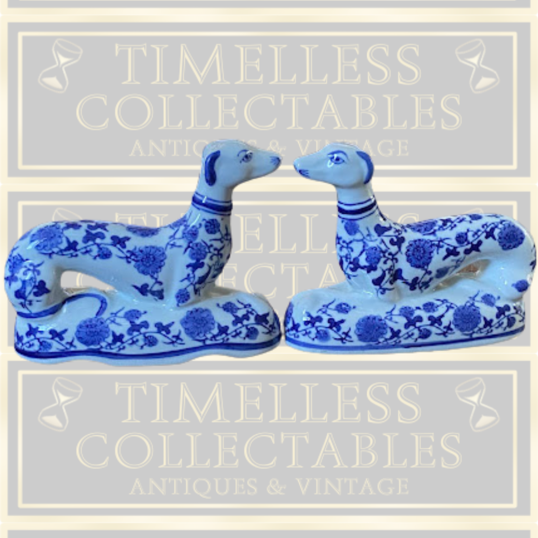 Vintage Pair Chinoiserie Porcelain Greyhound Delfts Style Dogs