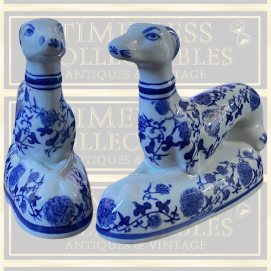 Vintage Pair Chinoiserie Porcelain Greyhound Delfts Style Dogs