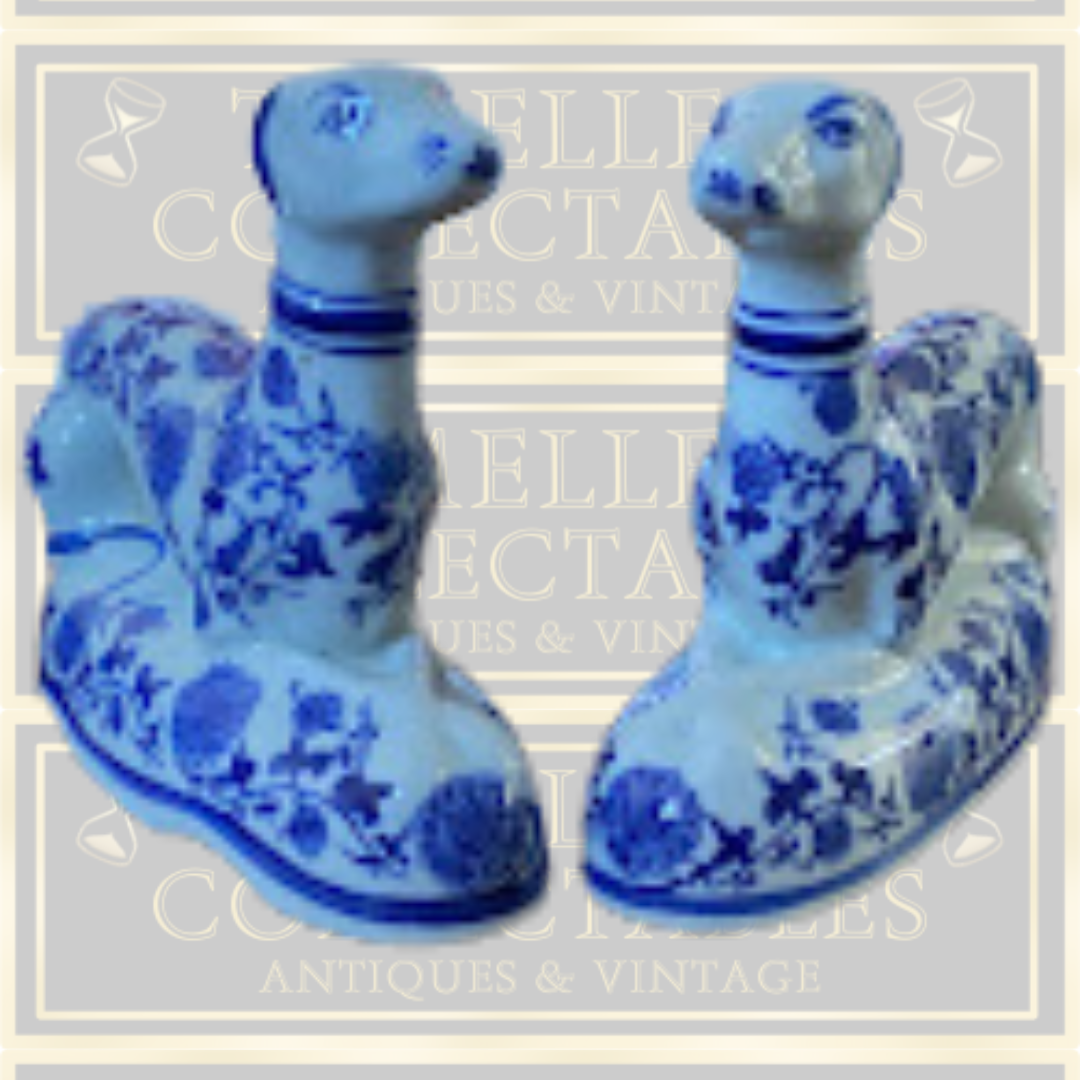 Vintage Pair Chinoiserie Porcelain Greyhound Delfts Style Dogs