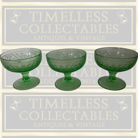 Antique Three Green Uranium Depression Glass Cloverleaf Pattern Bowls