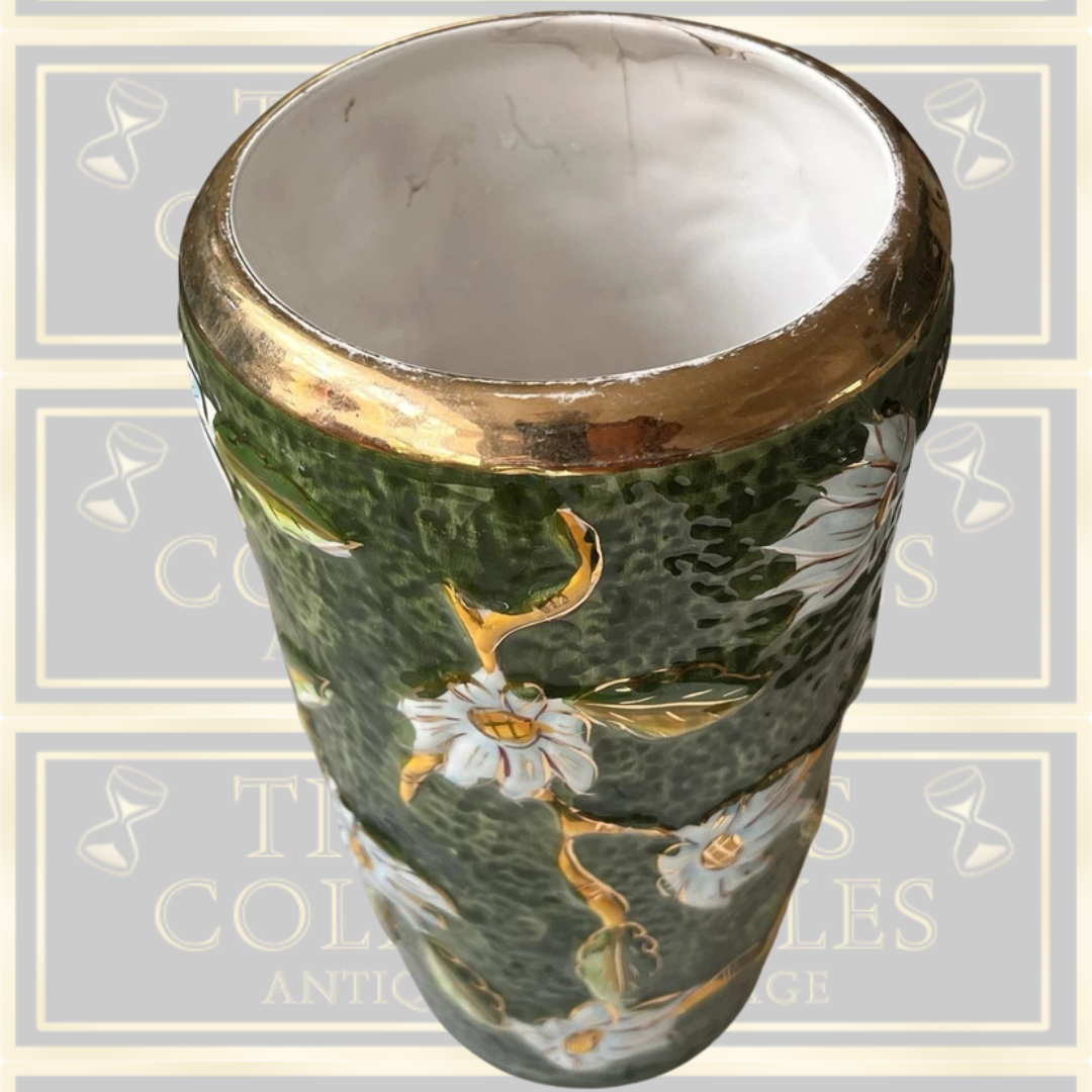 Vintage Green Floral Majolica Style Vase