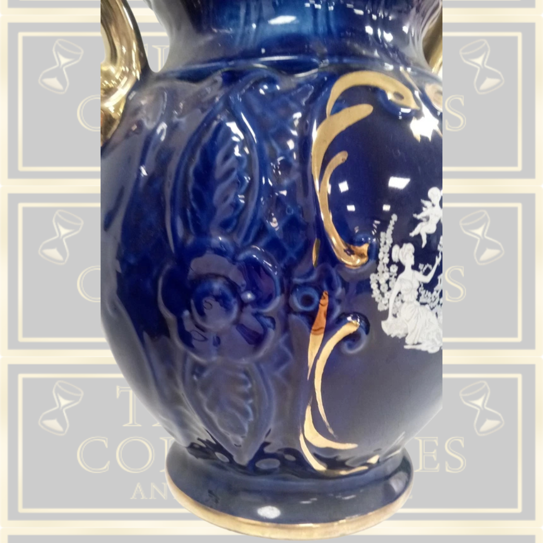 Antique Pair Italian Cobalt Blue and Gold Ceramic Vases