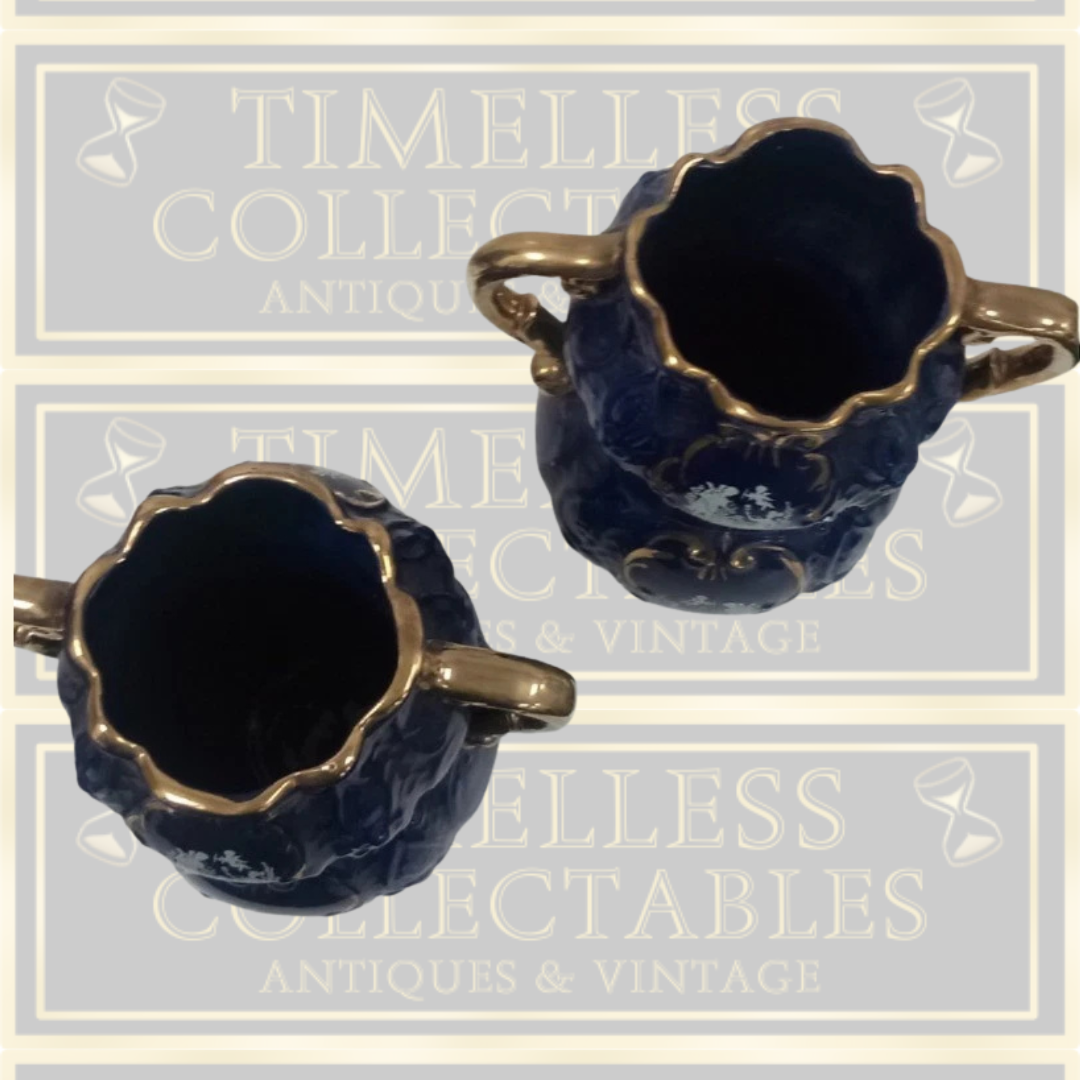 Antique Pair Italian Cobalt Blue and Gold Ceramic Vases