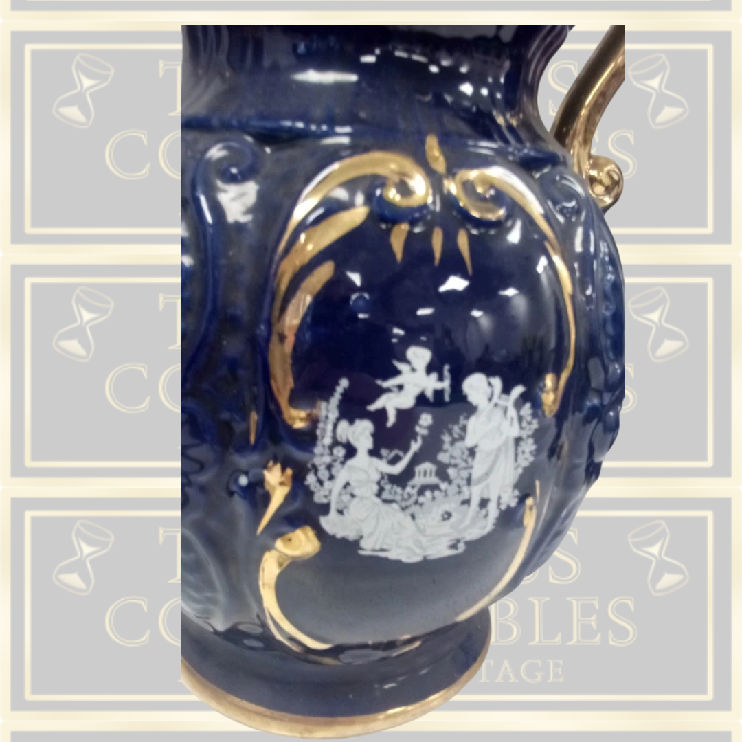 Antique Pair Italian Cobalt Blue and Gold Ceramic Vases