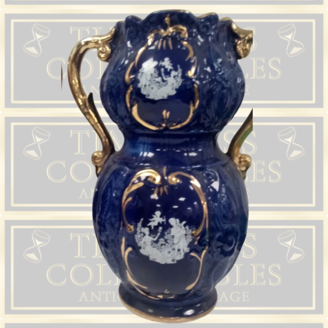 Antique Pair Italian Cobalt Blue and Gold Ceramic Vases
