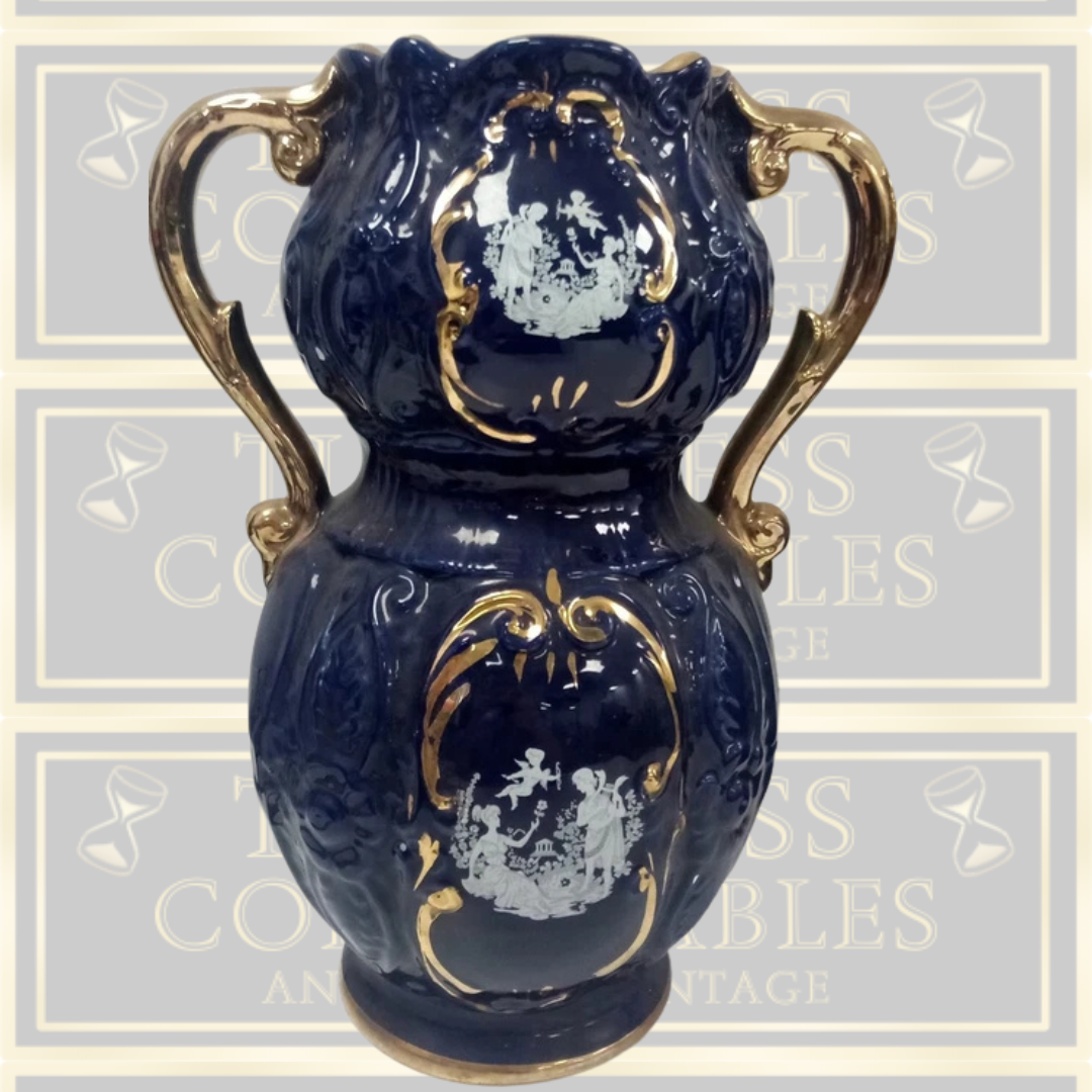 Antique Pair Italian Cobalt Blue and Gold Ceramic Vases
