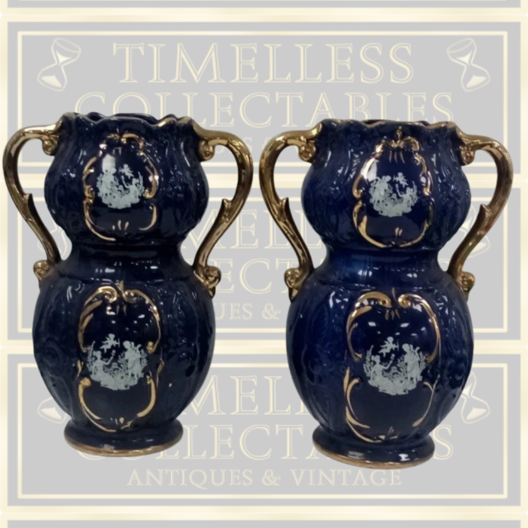 Antique Pair Italian Cobalt Blue and Gold Ceramic Vases