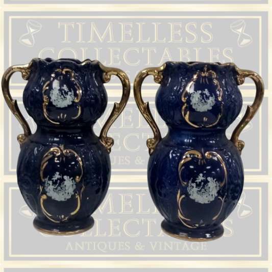 Antique Pair Italian Cobalt Blue and Gold Ceramic Vases