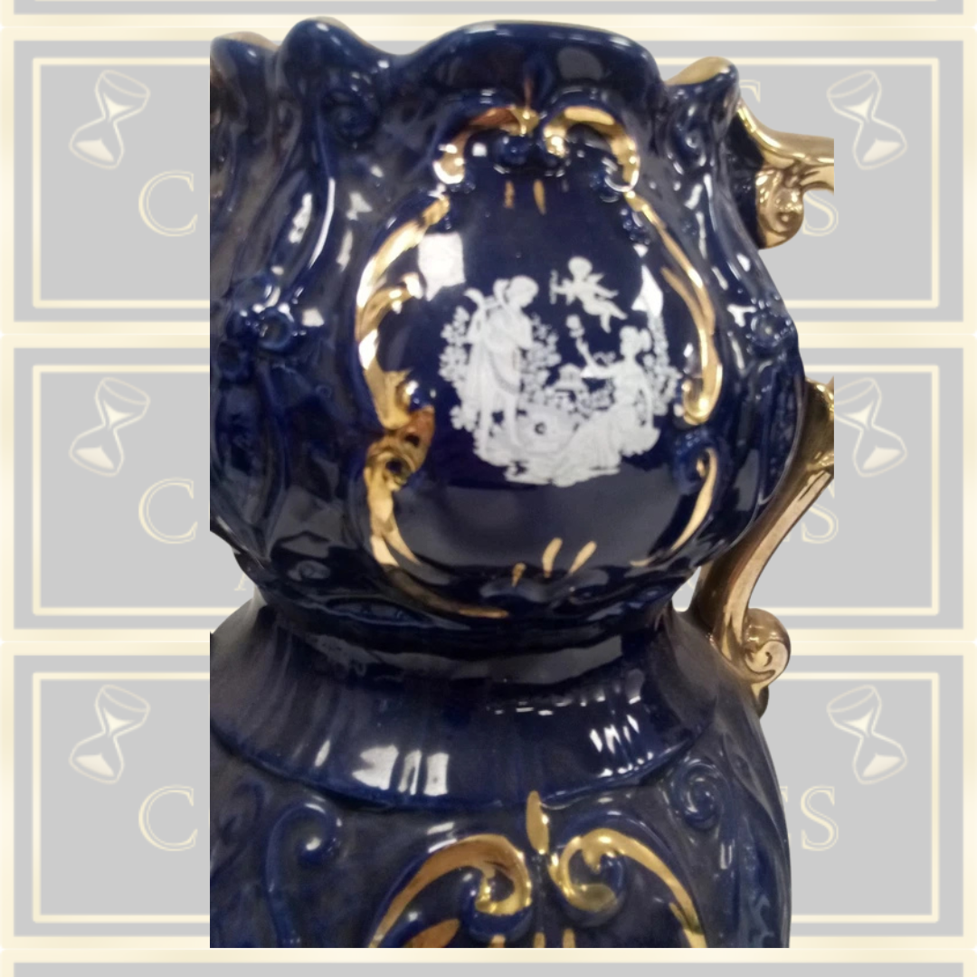 Antique Pair Italian Cobalt Blue and Gold Ceramic Vases