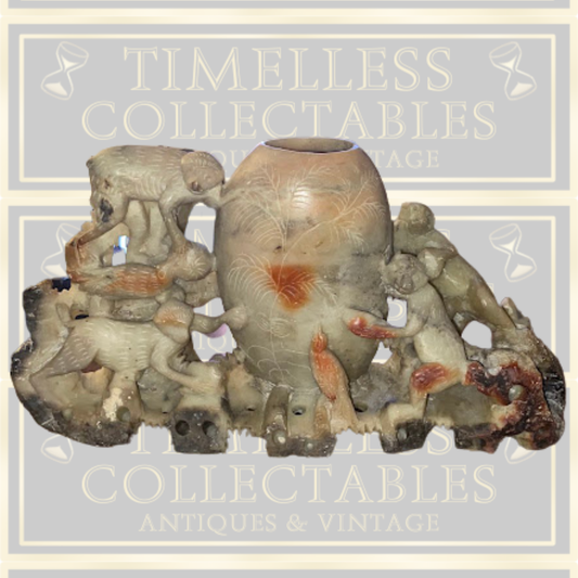 Vintage Large Chinese Monkey  & Bird Soapstone Brush Pot