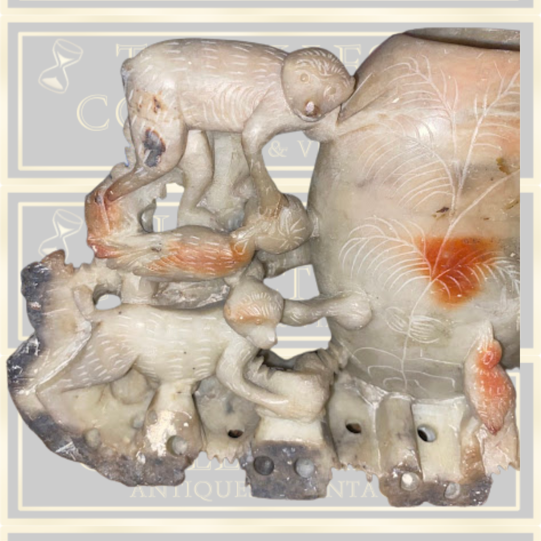 Vintage Large Chinese Monkey  & Bird Soapstone Brush Pot