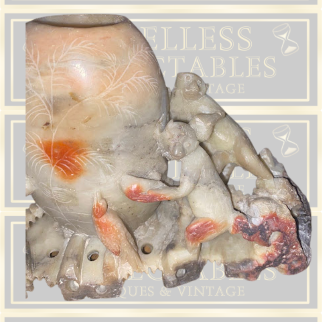 Vintage Large Chinese Monkey  & Bird Soapstone Brush Pot