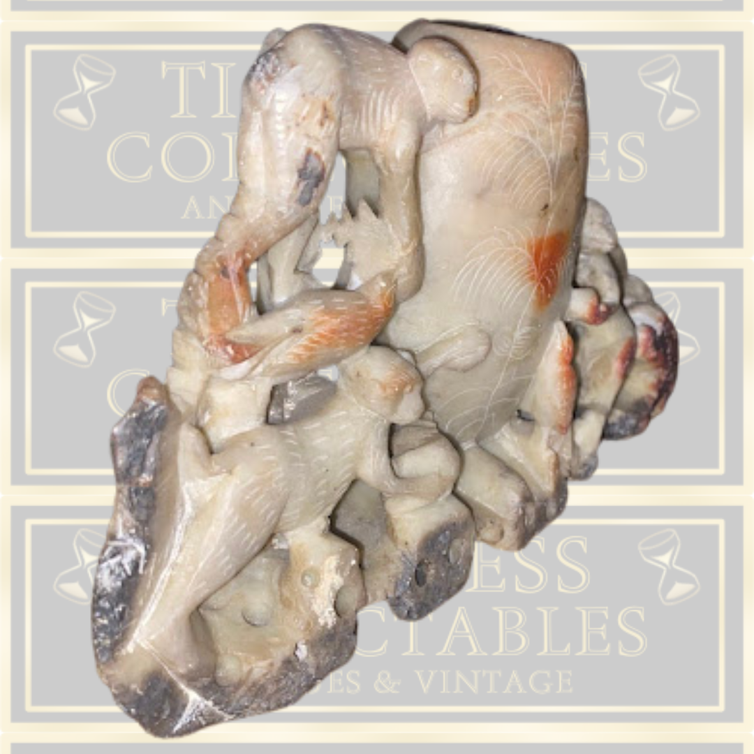 Vintage Large Chinese Monkey  & Bird Soapstone Brush Pot