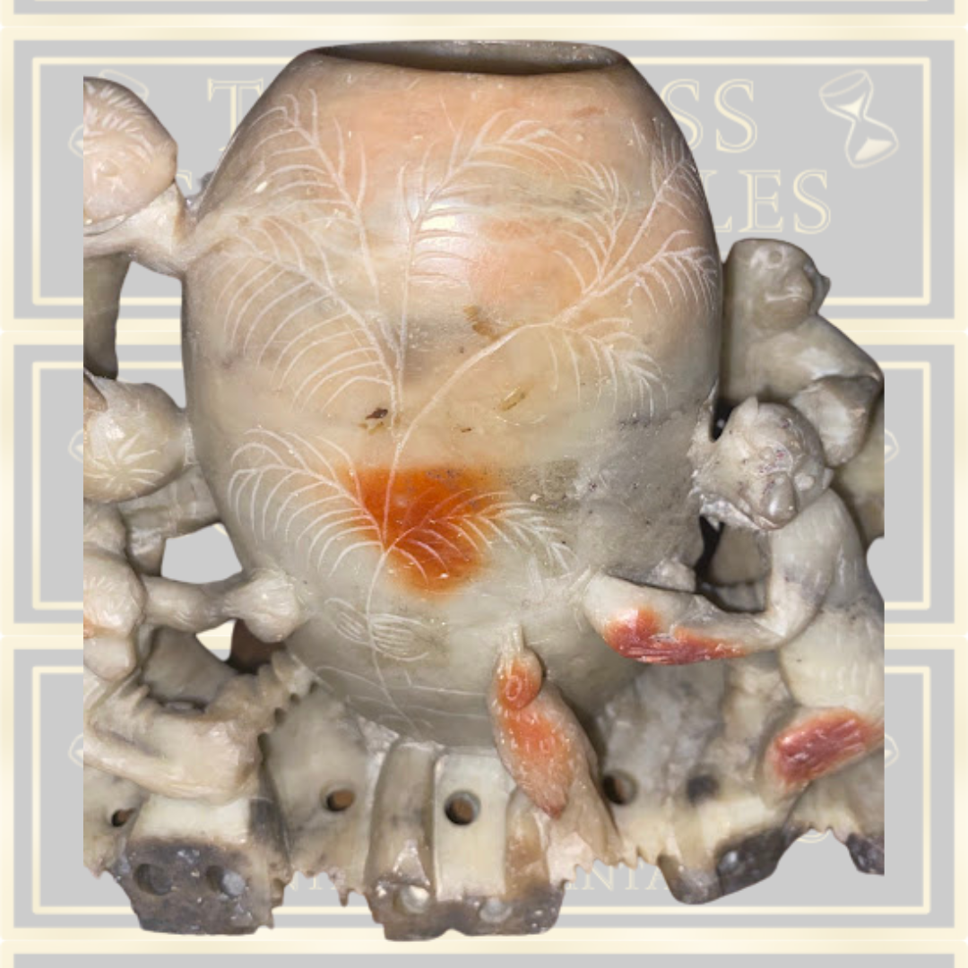 Vintage Large Chinese Monkey  & Bird Soapstone Brush Pot