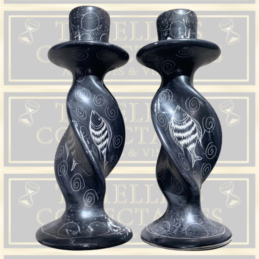 Vintage Pair Of Hand Carved Kenyan Candle Holders