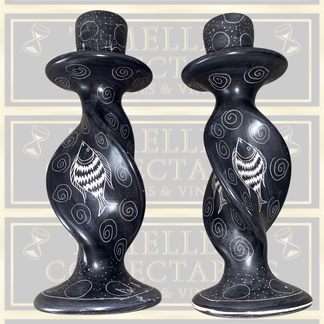 Vintage Pair Of Hand Carved Kenyan Candle Holders