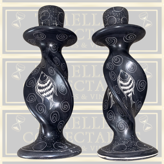 Vintage Pair Of Hand Carved Kenyan Candle Holders