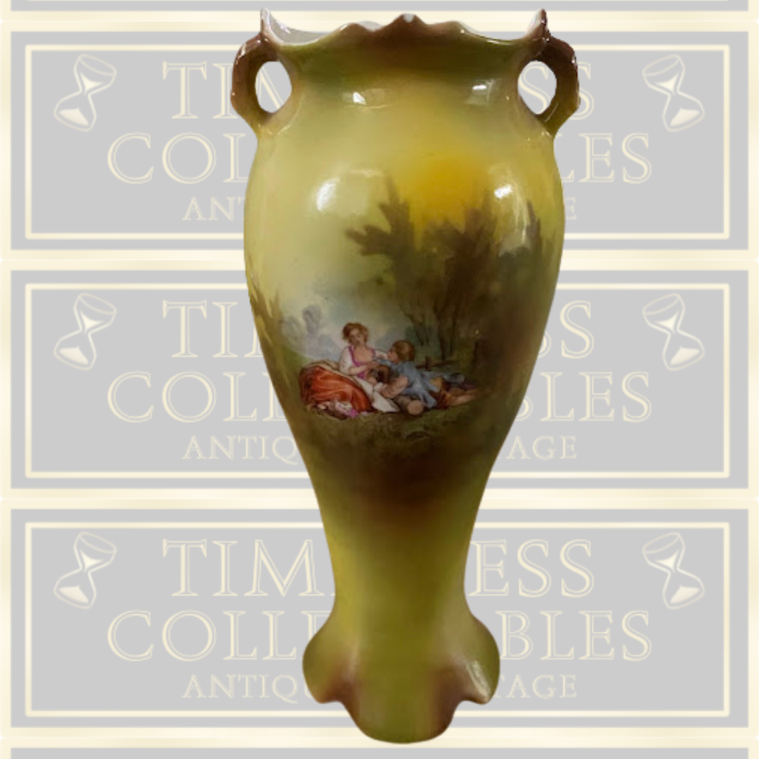 Antique German Porcelain Vase Double Handled scallop edge