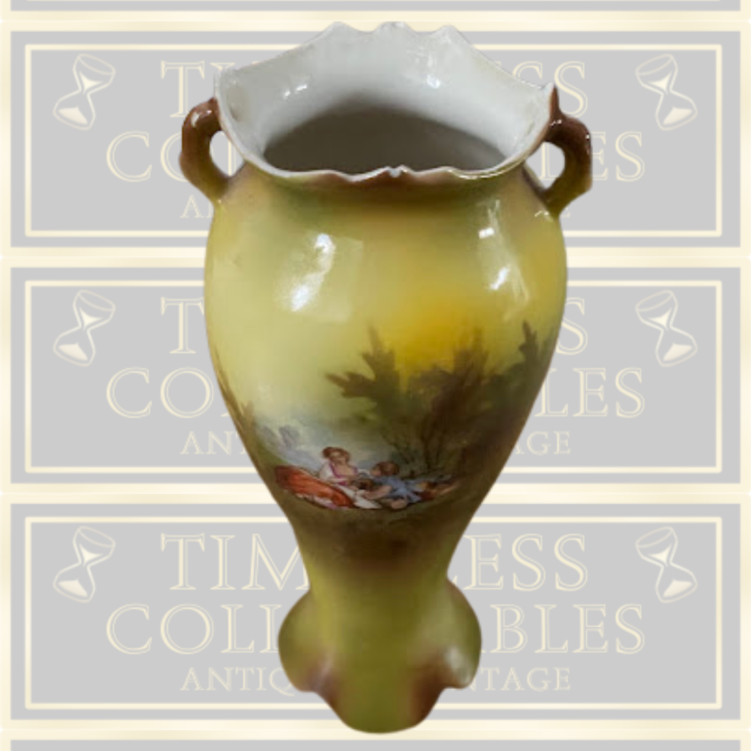 Antique German Porcelain Vase Double Handled scallop edge