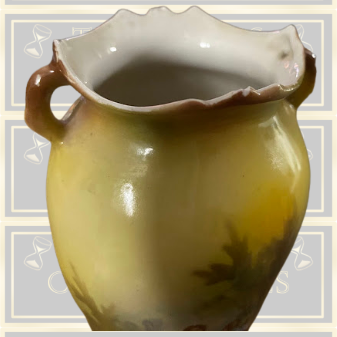 Antique German Porcelain Vase Double Handled scallop edge