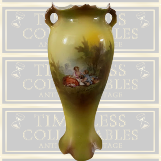 Antique German Porcelain Vase Double Handled scallop edge