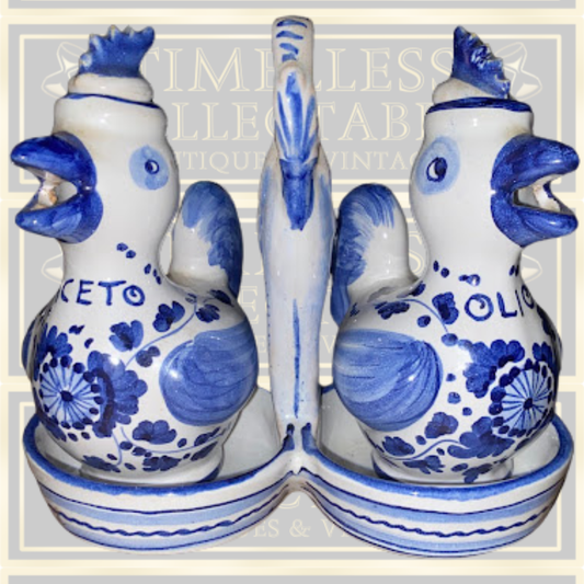 Deruta Italian Pottery Arabesco Roosters Oil & Vinegar Set With Caddy
