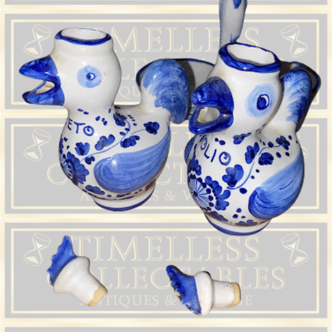 Deruta Italian Pottery Arabesco Roosters Oil & Vinegar Set With Caddy