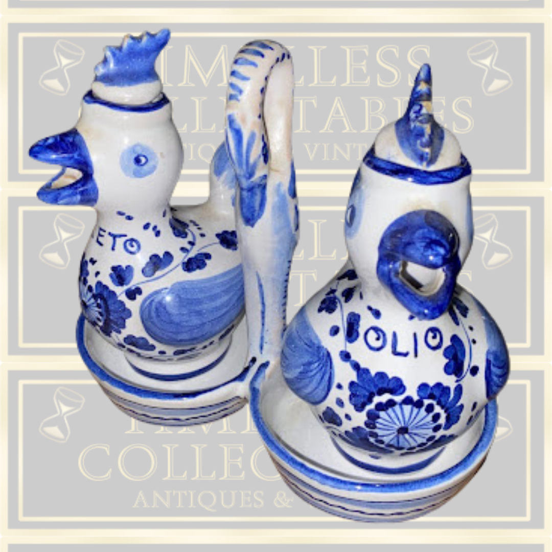 Deruta Italian Pottery Arabesco Roosters Oil & Vinegar Set With Caddy