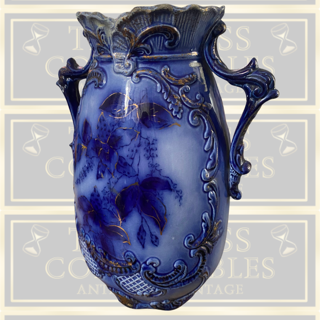 Antique Flow Blue Gold Floral Vase