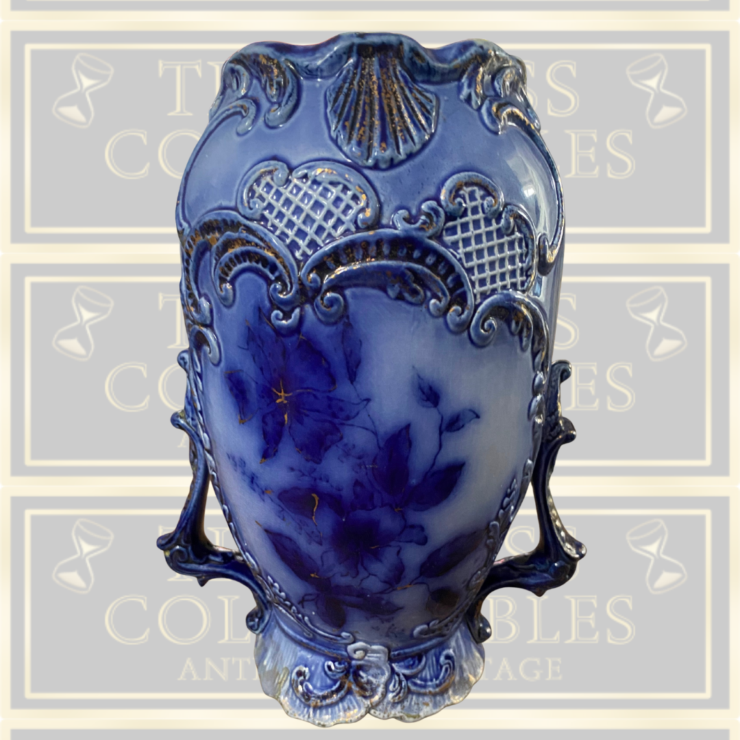 Antique Flow Blue Gold Floral Vase