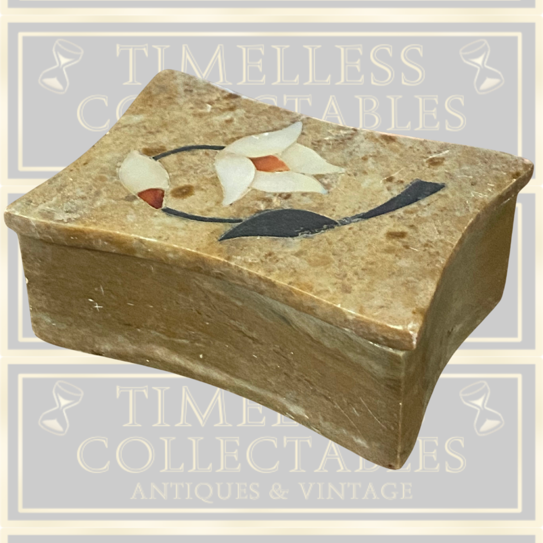 Floral Hand Carved Marble Trinket Box With Mother Of Pearl Flower