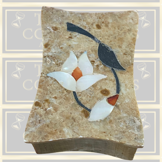 Floral Hand Carved Marble Trinket Box With Mother Of Pearl Flower