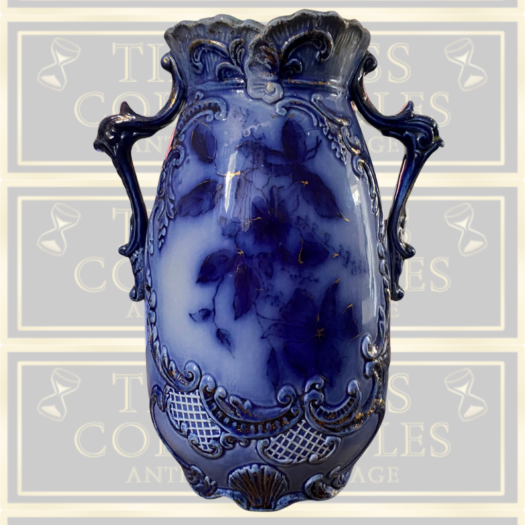 Antique Flow Blue Gold Floral Vase