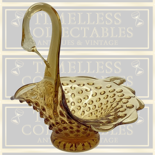 Vintage Amber Glass Swan Figurine Bowl