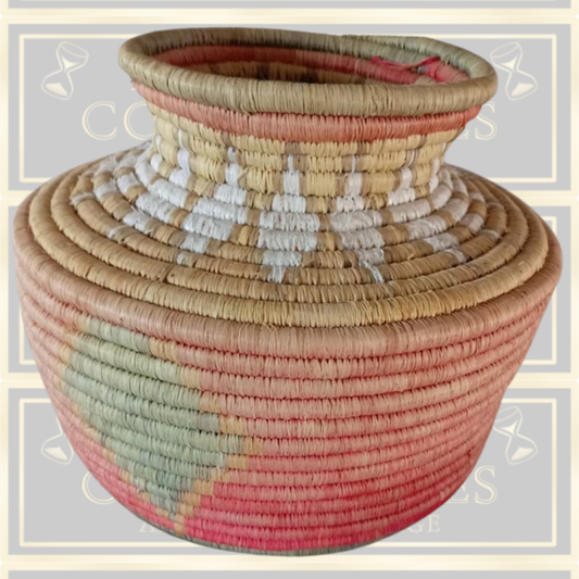 Large Vintage Pink Coiled Decorative Patterned Woven Basket