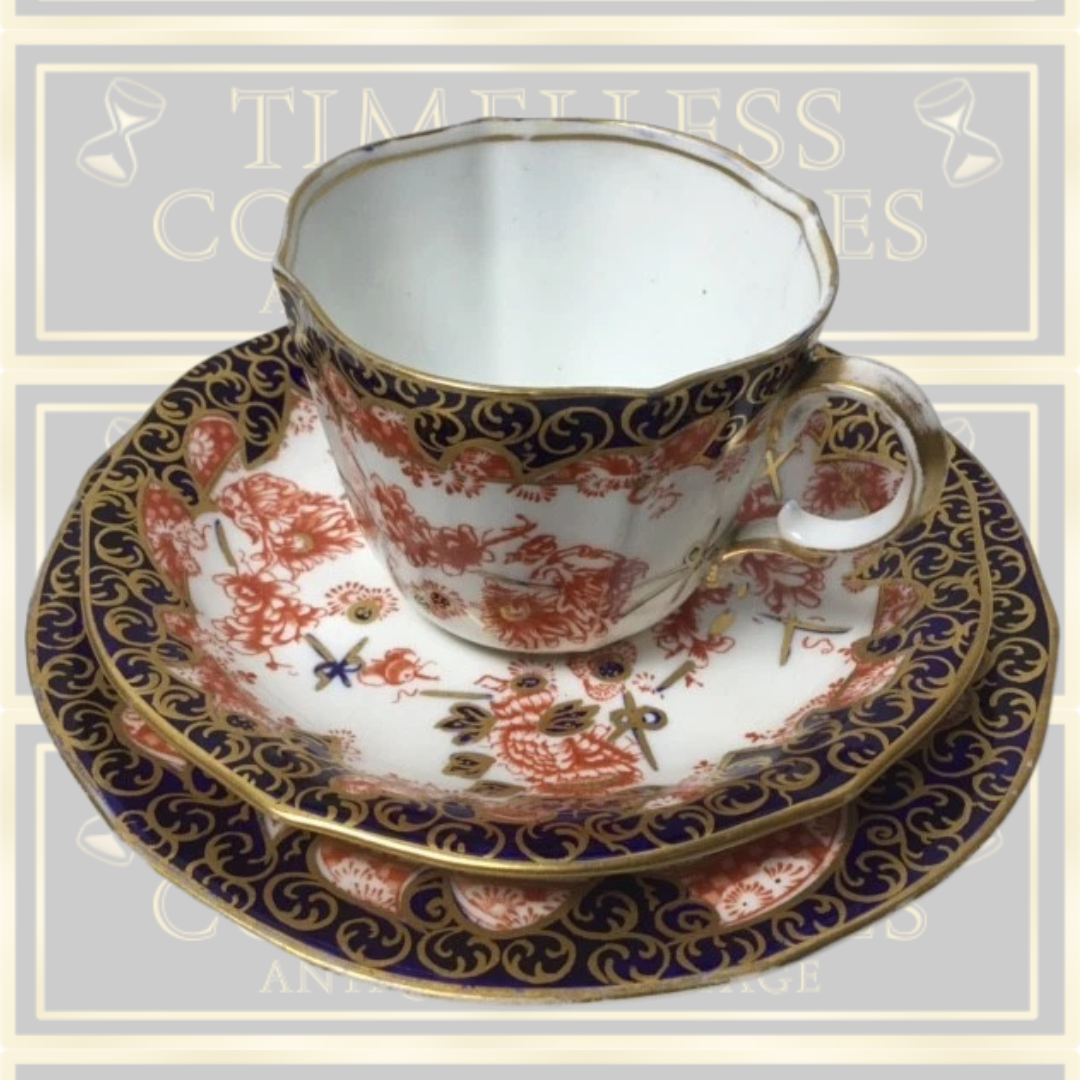 Antique Royal Crown Derby Old Imari demitasse cup, saucer and plate trio