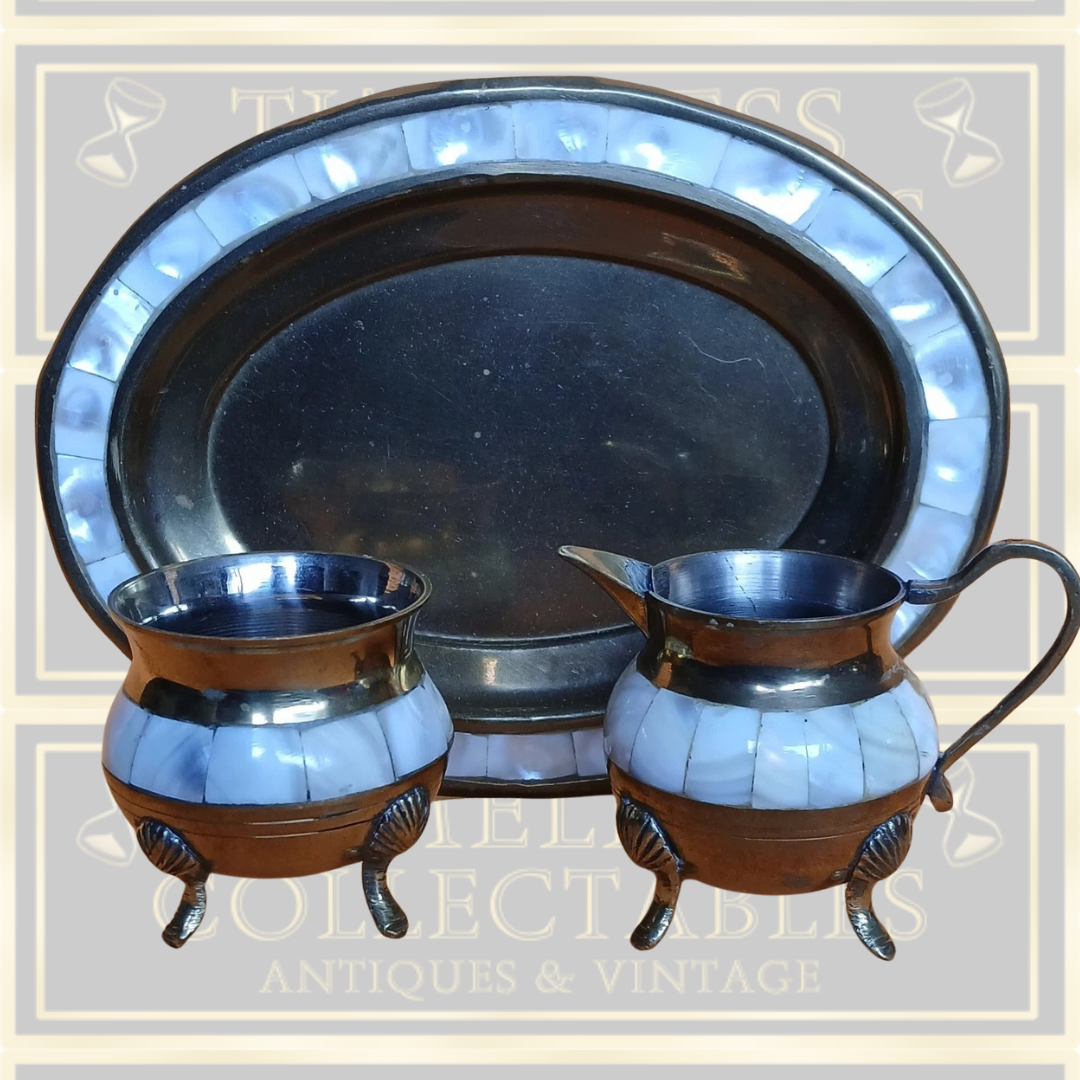 Vintage Brass Milk Jug And Sugar Bowl With Mother Of Pearl Matching tray.