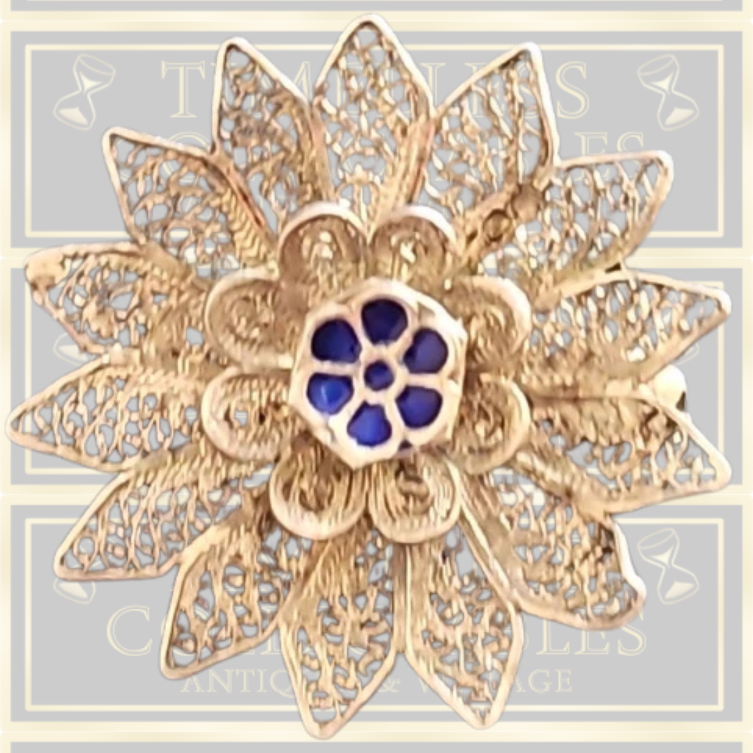 Vintage Sterling Silver Flower Blue Enamel Brooch