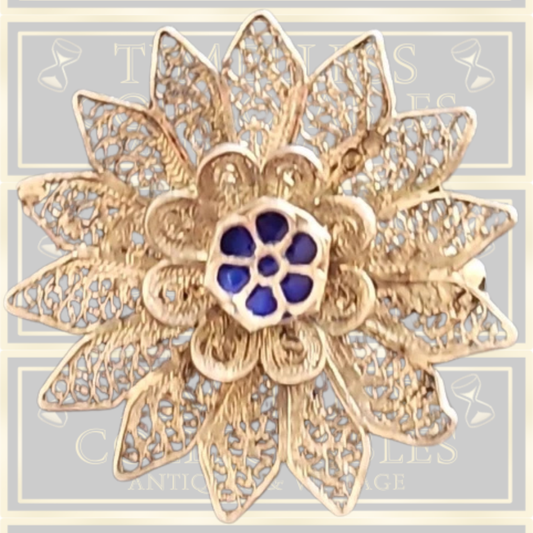 Vintage Sterling Silver Flower Blue Enamel Brooch