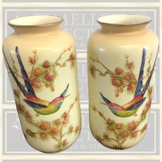 Antique Pair Crown Ducal Blush Ivory Vases Exotic Birds Design