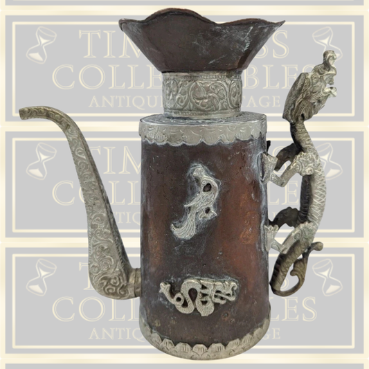 Antique Copper & White Metal Dragon Oriental Teapot