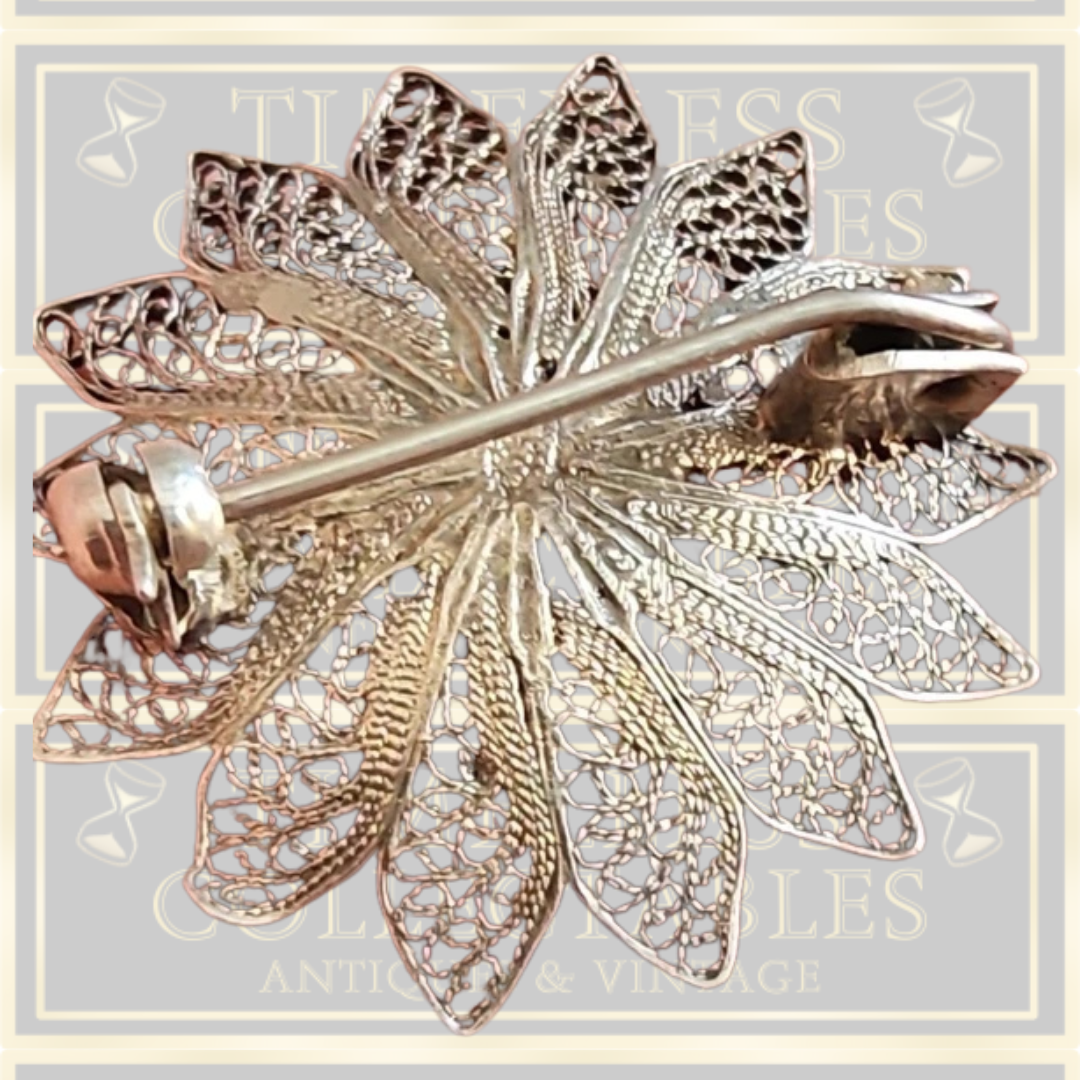 Vintage Sterling Silver Flower Blue Enamel Brooch