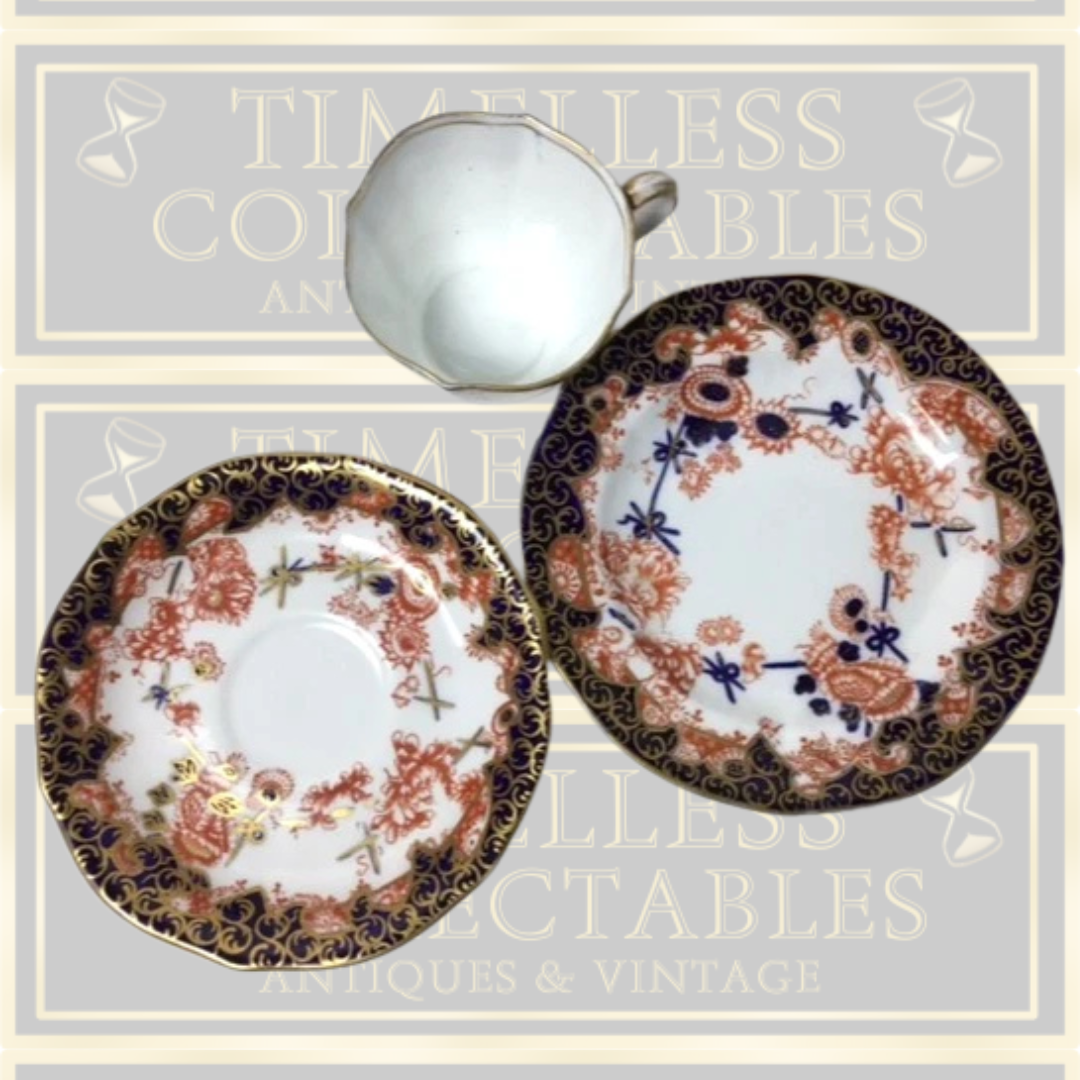 Antique Royal Crown Derby Old Imari demitasse cup, saucer and plate trio